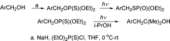 Graphical abstract: The thionophosphate–thiolophosphate [ ]  photoisomerization proceeds predominantly through a non-chain radical pathway. Synthetically viable benzylation of tetrahydrofuran, propan-2-ol and olefins [ ]