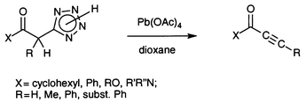 Graphical abstract: The reaction of 2-(tetrazol-5-yl)alkyl ketones and of 2-(tetrazol-5-yl)alkanoic acid derivatives with lead tetraacetate. A novel method of preparation of alk-2-ynyl ketones and alk-2-ynoic acid derivatives [ ]