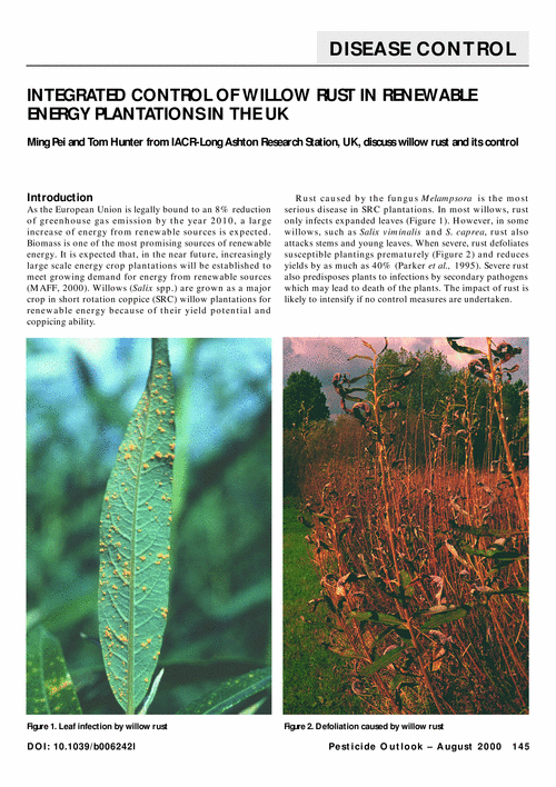 Integrated control of willow rust in renewable energy plantations in the UK