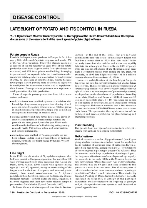 Late blight of potato and its control in Russia