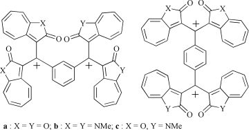 Graphical abstract: Dication species stabilized by heteroazulenes: synthesis and properties of 1,3- and 1,4-bis[bis(2-oxo-2H-cyclohepta[b]furan-3-yl)methyliumyl]-, bis[bis(1,2-dihydro-N-methyl-2-oxocyclohepta[b]pyrrol-3-yl)methyliumyl]benzene, and their related dications