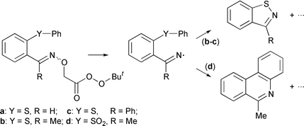 Graphical abstract: Thermal decomposition of tert-butyl ortho-(phenylsulfanyl)- and ortho-(phenylsulfonyl)phenyliminoxyperacetates: The reactivity of thio-substituted iminyl radicals