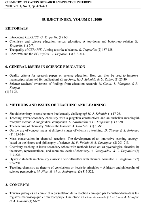 SUBJECT INDEX, VOLUME 1, 2000