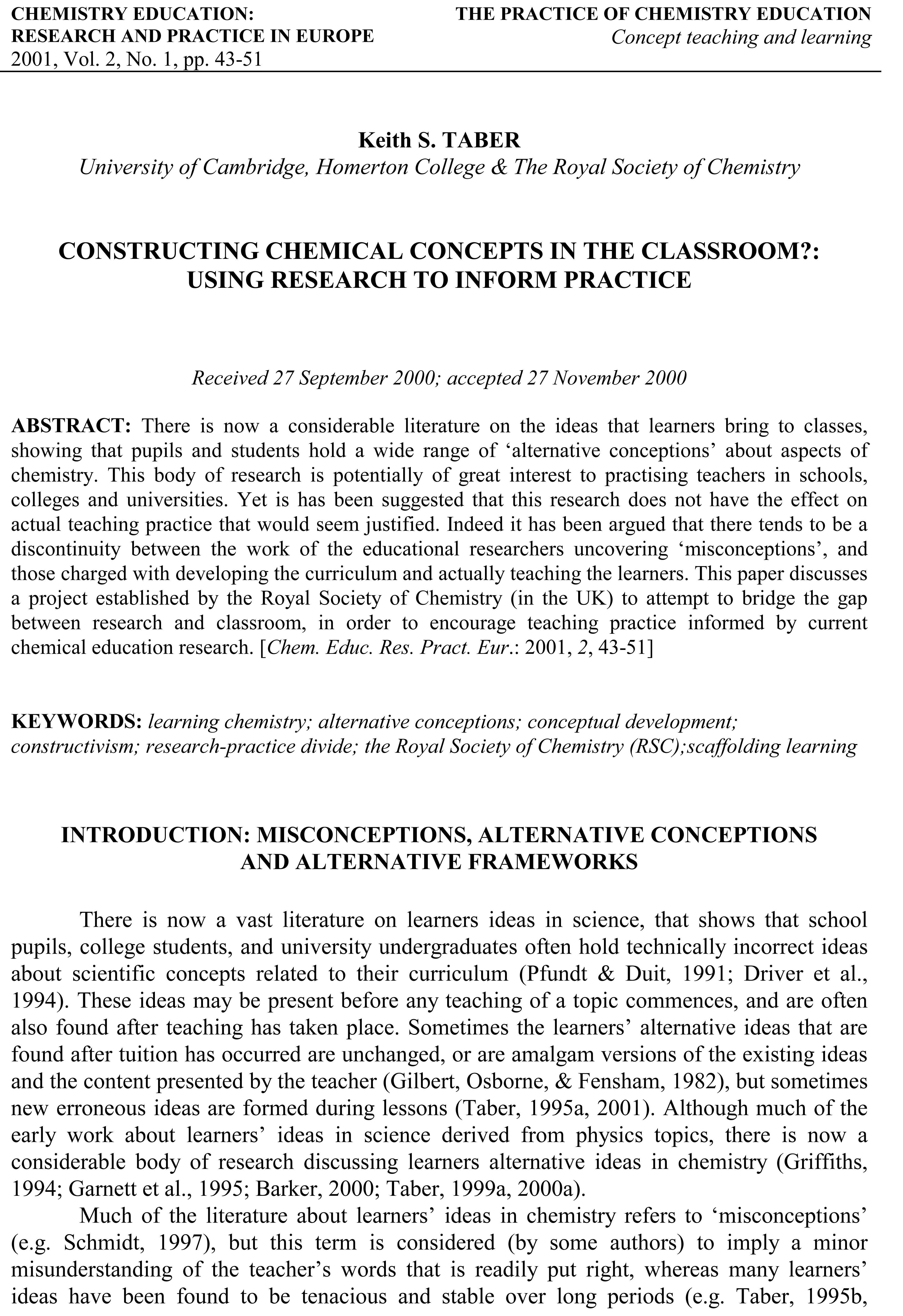 Graphical abstract: CONSTRUCTING CHEMICAL CONCEPTS IN THE CLASSROOM?: USING RESEARCH TO INFORM PRACTICE