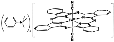 Graphical abstract: Structure and electrical and magnetic properties of (PTMA)x[M(Pc)(CN)2]·y(solvent)  (PTMA = phenyltrimethylammonium and [M(Pc)(CN)2] = dicyano(phthalocyaninato)Miii with M = Co and Fe). Partial oxidation by partial solvent occupation of the cationic site