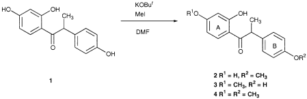 Graphical abstract: Regioselectivity of methylation of O-demethylangolensin [1-(2,4-dihydroxyphenyl)-2-(4-hydroxyphenyl)propan-1-one]. An expedient synthesis of angolensin