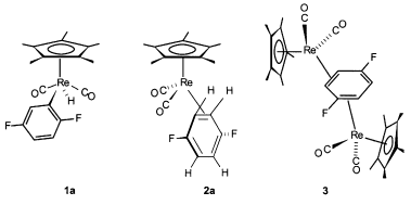 Graphical abstract: The reaction of the unsaturated rhenium fragment {Re(η5-C5Me5)(CO)2} with 1,4-difluorobenzene. Thermal intramolecular conversion of a rhenium (difluorophenyl)(hydride) to Re(η2-C6H4F2) and a [1,4]-metallotropic shift