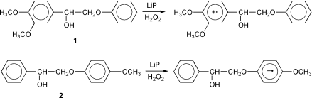 Graphical abstract: Oxidation of non-phenolic β-O-aryl-lignin model dimers catalysed by lignin peroxidase. Comparison with the oxidation induced by potassium 12-tungstocobalt(III)ate