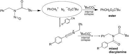 Graphical abstract: The Darbeau–White–Gibble reaction: an N-nitrosoamide-mediated Ritter-type reaction. Part I. A study of electronic, steric, and orbital effects in the nucleophile [ ] 1a