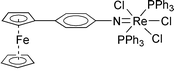 Graphical abstract: The synthesis and X-ray crystal structure of [(4-ferrocenylphenylimido)]trichlorobis(triphenylphosphine)rhenium(v) and related ferrocenyl–rhenium(v) compounds