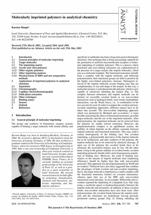 Molecularly imprinted polymers in analytical chemistry