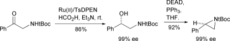 Graphical abstract: Enantioselective synthesis of β-hydroxy amines and aziridines using asymmetric transfer hydrogenation of α-amino ketones