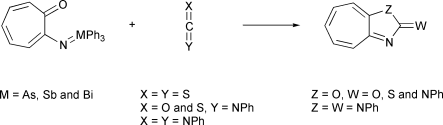 Graphical abstract: Synthesis, structure, and reactivity of (tropon-2-ylimino)arsorane and in situ generation of its stiborane and -bismuthorane analogues: reactions with heterocumulenes and an activated acetylene giving heteroazulenes