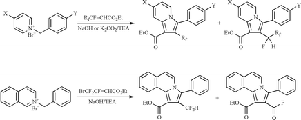 Graphical abstract: Reactions of N-benzyl-pyridinium or -isoquinolinium ylides with ethyl 3-fluoro-3-(fluoroalkyl)acrylates to give fluoroalkyl-substituted indolizine and pyrrolo[2,1-a]isoquinoline derivatives