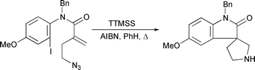 Graphical abstract: A novel and economical route to (±)-horsfiline using an aryl iodoazide tandem radical cyclisation strategy