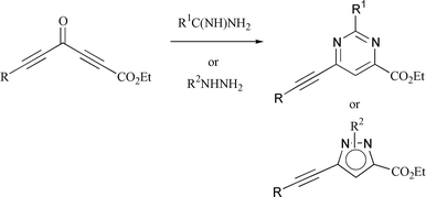 Graphical abstract: The reactions of diacetylenic ketones with nitrogen nucleophiles; facile preparation of alkynyl substituted pyrimidines and pyrazoles