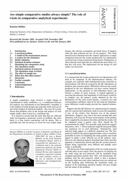 Are simple comparative studies always simple? The role of t-tests in comparative analytical experiments