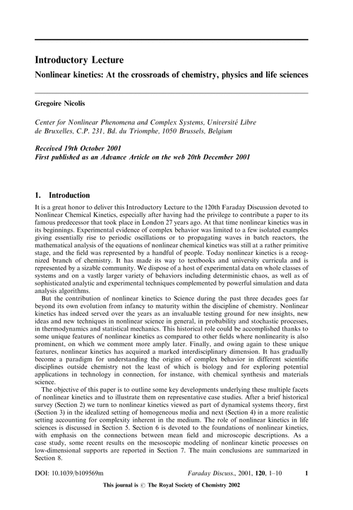 Introductory Lecture Nonlinear kinetics: At the crossroads of chemistry, physics and life sciences