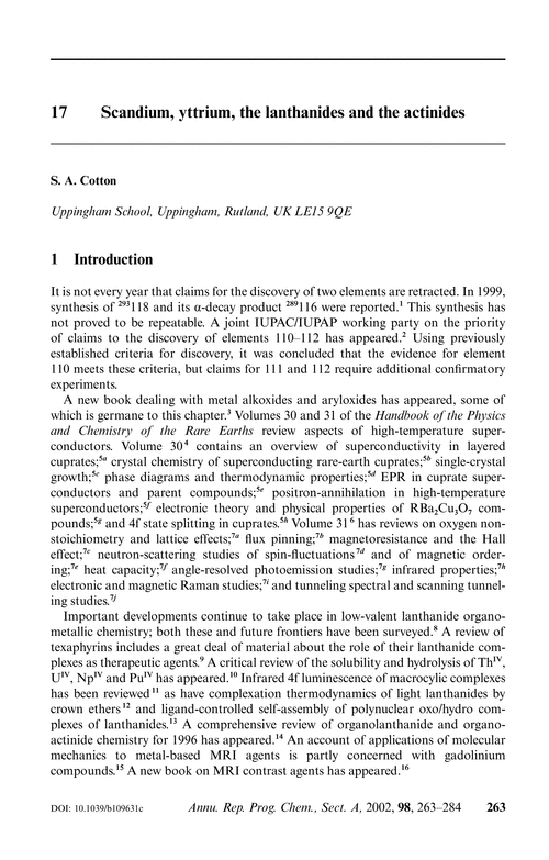 17  Scandium, yttrium, the lanthanides and the actinides