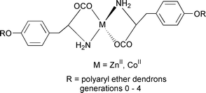 Graphical abstract: Dendritic encapsulation of amino acid–metal complexes. Synthesis and studies of dendron-functionalized l-tyrosine–metal (ZnII, CoII) complexes