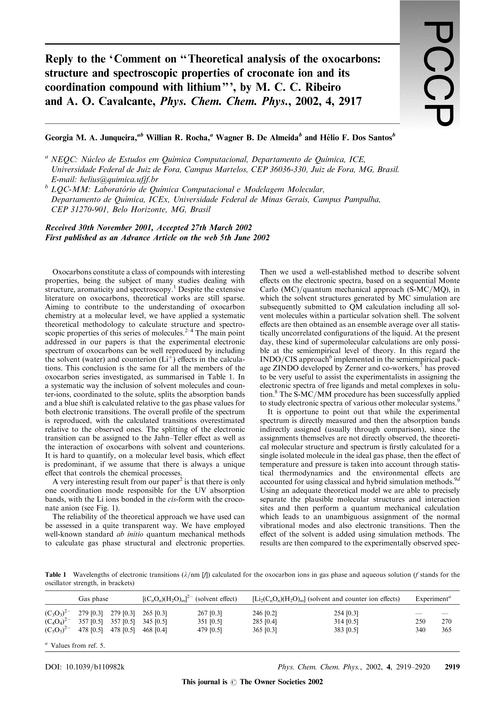 Reply to the ‘Comment on “Theoretical analysis of the oxocarbons: structure and spectroscopic properties of croconate ion and its coordination compound with lithium”’, by M. C. C. Ribeiro and A. O. Cavalcante, Phys. Chem. Chem. Phys., 2002, 4, 2917