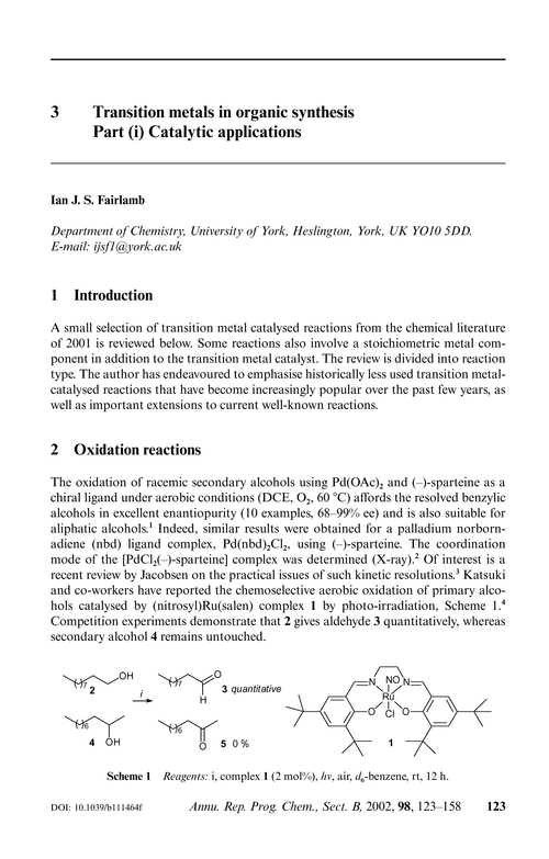 3  Transition metals in organic synthesis Part (i) Catalytic applications
