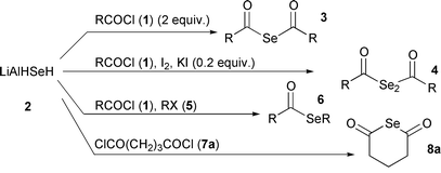 Graphical abstract: Reactions of acyl chlorides with LiAlHSeH. Preparation of diacyl selenides, diacyl diselenides, selenocarboxylates and cyclic selenoanhydrides