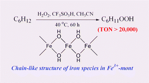 Graphical abstract: Creation of a chain-like cationic iron species in montmorillonite as a highly active heterogeneous catalyst for alkane oxygenations using hydrogen peroxide