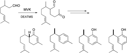 Graphical abstract: Total synthesis of bisabolane sesquiterpenoids, α-bisabol-1-one, curcumene, curcuphenol and elvirol: utility of catalytic enamine reaction in cyclohexenone synthesis