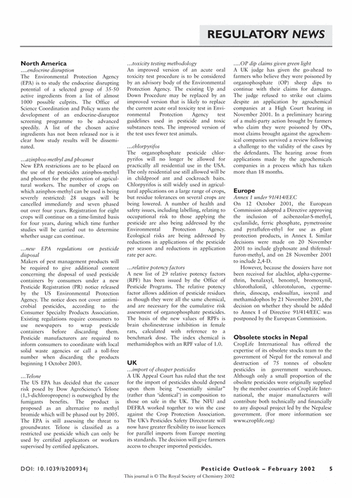 Regulatory News Pesticide Outlook (RSC Publishing)