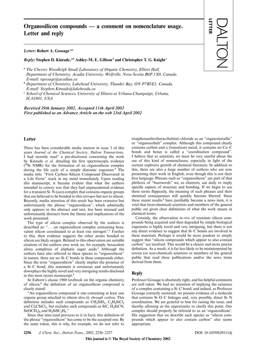 Organosilicon compounds — a comment on nomenclature usage. Letter and reply