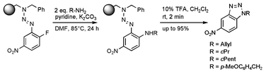 Graphical abstract: Solid supported fluoronitroaryl triazenes as immobilized and convertible Sanger reagents – synthesis and SNAr reactions towards a novel preparation of 1-alkyl-5-nitro-1H-benzotriazoles