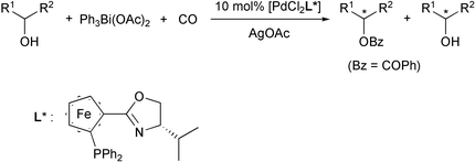 Graphical abstract: Palladium(ii) complex-catalysed enantioselective benzoylation of alcohols using carbon monoxide and an organobismuth(v) compound