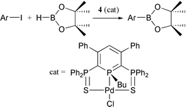 Graphical abstract: A σ4, λ5-phosphinine palladium complex: a new type of phosphorus ligand and catalyst. Application to the Pd-catalyzed formation of arylboronic esters