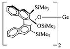 Graphical abstract: Novel germanium(ii) binaphthoxide complexes: synthesis and crystal structure of (R,R)-[Ge{OC20H10(OSiMe3)-2′-(SiMe3)2-3,3′}2] and (R)-[Ge{O2C20H10(SiMe2Ph)2-3,3′}{NH3}]; catalytic function of Ge[N(SiMe3)2]2 for the mono-silylation of 3,3′-disubstituted-1,1′-bi-2,2′-naphthols