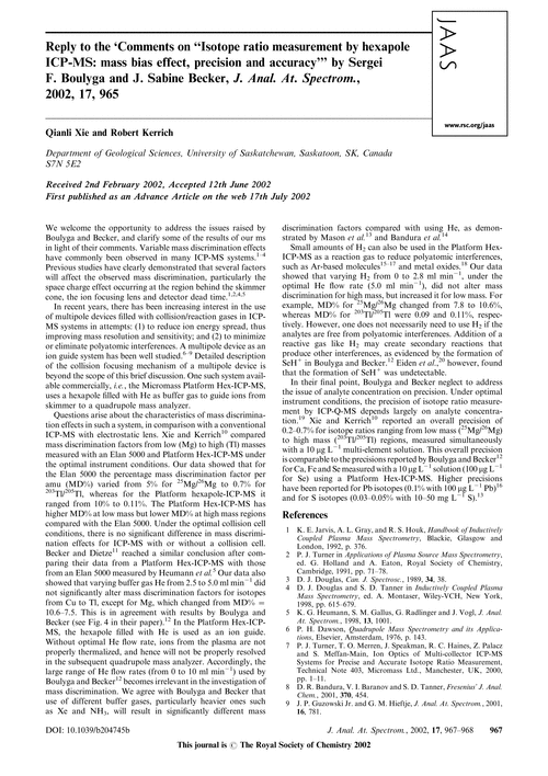 Reply to the ‘Comments on “Isotope ratio measurement by hexapole ICP-MS: mass bias effect, precision and accuracy”’ by Sergei F. Boulyga and J. Sabine Becker, J. Anal. At. Spectrom., 2002, 17, 965