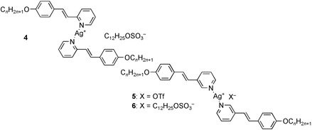 Graphical abstract: Mesomorphic silver(i) complexes of 4-alkyloxy-2′-stilbazoles and 4-alkyloxy-3′-stilbazoles. Crystal and molecular structure of 4-methoxy-2′-stilbazole