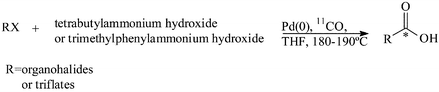 Graphical abstract: Palladium-mediated carboxylation of aryl halides (triflates) or benzyl halides using [13C]/[11C]carbon monoxide with tetrabutylammonium hydroxide or trimethylphenylammonium hydroxide