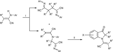 Graphical abstract: Reactions of 2-[(2-arylimino-2-cyano-1,1-dimethylethyl)arylamino]-3-methylbut-2-enenitrile with copper(ii) acetate: synthesis of 2-(2,3-dihydro-2,2-dimethyl-3-oxo-1H-indol-1-yl)-3-methylbut-2-enenitriles