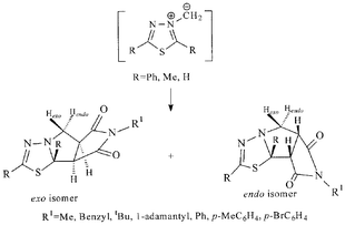 Graphical abstract: A new tricyclic ring and a nitrogen–sulfur analogue of the tri-pentagon bowl: cycloaddition reactions of the unstablised 1,3,4-thiadiazolium-3-methanide 1,3-dipole: steric influences on the endo-effect: substituted pyrrolo[2,1-b]-1,3,4-thiadiazole systems: azolium 1,3-dipoles