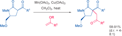 Graphical abstract: Manganese(iii) acetate-mediated alkylation of β-keto esters and β-keto amides: an enantio- and diastereo-selective approach to substituted pyrrolidinones