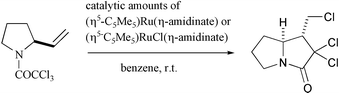 Graphical abstract: Organoruthenium(ii) and (iii) amidinates, (η5-C5Me5)Ru(η-amidinate) and (η5-C5Me5)RuCl(η-amidinate), as unique redox catalysts for the intramolecular Kharasch reactions: Facile access to a pyrrolizidine alkaloid skeleton under mild conditions