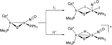 Graphical abstract: Mono(sulfido)-bridged mixed-valence nitrosyl complex: protonation and oxidative addition of iodine across the Ir(ii)–Ir(0) bond