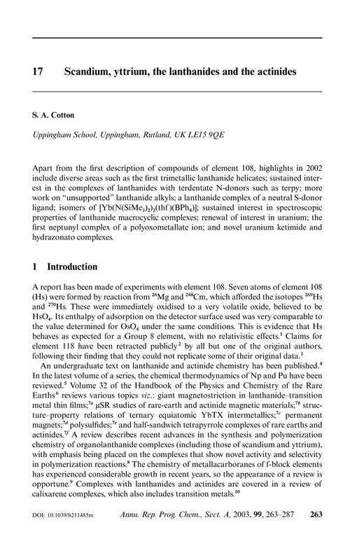 17  Scandium, yttrium, the lanthanides and the actinides