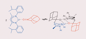 Graphical abstract: Reversible C–C bond formation: solid state structure of the aldol-like addition product of adamantanone to a 1,5-diazapentadienyllithium, and its solution state retro-aldol dissociation