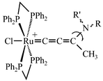 Graphical abstract: Aminoallenylidene complexes of ruthenium(ii) from the regioselective addition of secondary amines to butatrienylidene intermediates: a combined experimental and theoretical study of the hindered rotation around the CN-bond