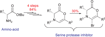 Graphical abstract: Novel synthesis of 3,4-dihydro-5-bromo[1,4]oxazin-2-one derivatives, new protease inhibitor scaffold