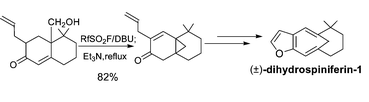 Graphical abstract: Total synthesis of (±)-dihydrospiniferin-1 via a polyfluoro alkanosulfonyl fluoride induced tandem carbonium ion rearrangement reaction