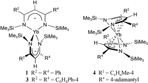 Graphical abstract: Synthesis and structures of the ytterbium(ii) β-diketiminates [Yb{N(SiMe3)C(R2)C(H)C(R4)N(SiMe3)}2] (R2 = R4 = Ph, C6H4Me-4, or C6H4Ph-4; or R2 = C6H4Me-4, R4 = 1-adamantyl)