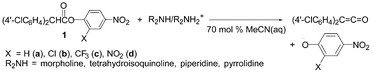 Graphical abstract: Ketene-forming eliminations from aryl bis(4′-chlorophenyl)acetates promoted by R2NH–R2NH2+ in aqueous MeCN. Change of mechanism